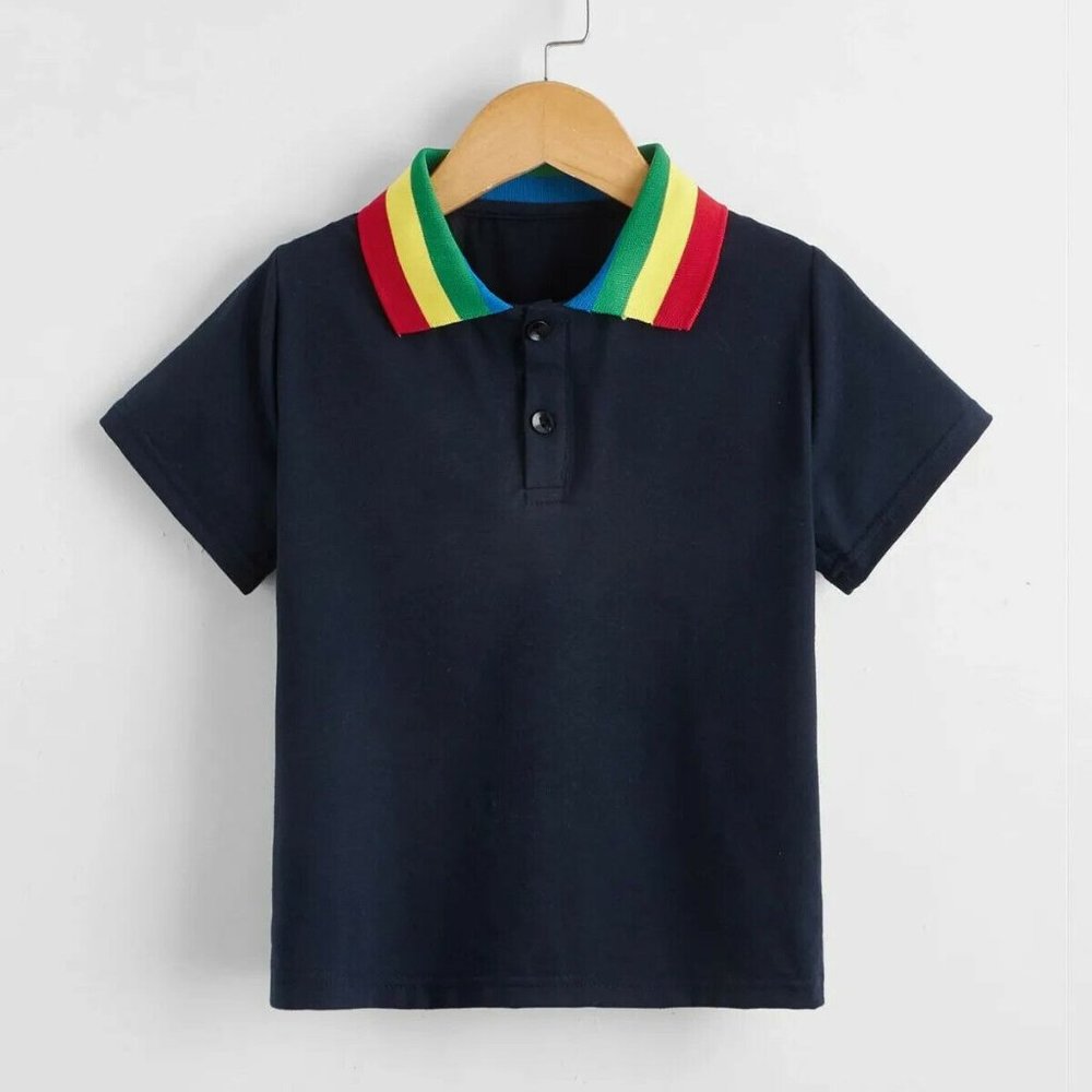 SHEIN Adorable Toddler Boy Contrast Rainbow striped Collar Polo Shirt sz 120 5/6 - Picture 1 of 4